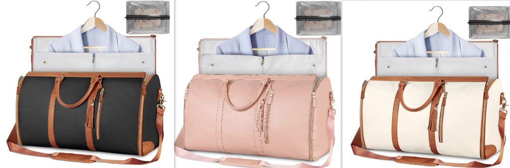 Travel duffle bag set in navy, blush, and white with front zipper and shoulder straps
