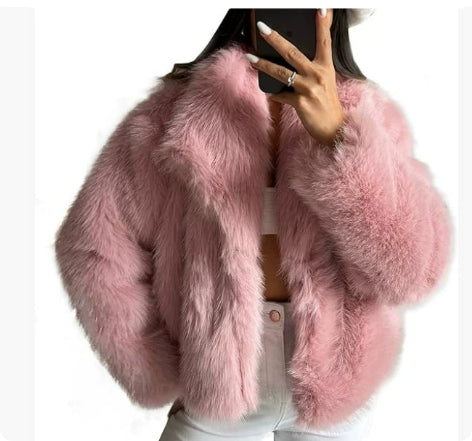 Blush pink plush faux-fur jacket with notched lapels and long sleeves