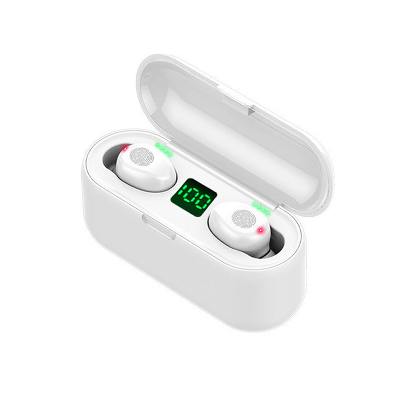 White wireless earbuds docked in open case, green LED digits and status lights