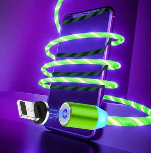 Magnetic charging cable bundle with blue-green glowing light loops and phone connectors