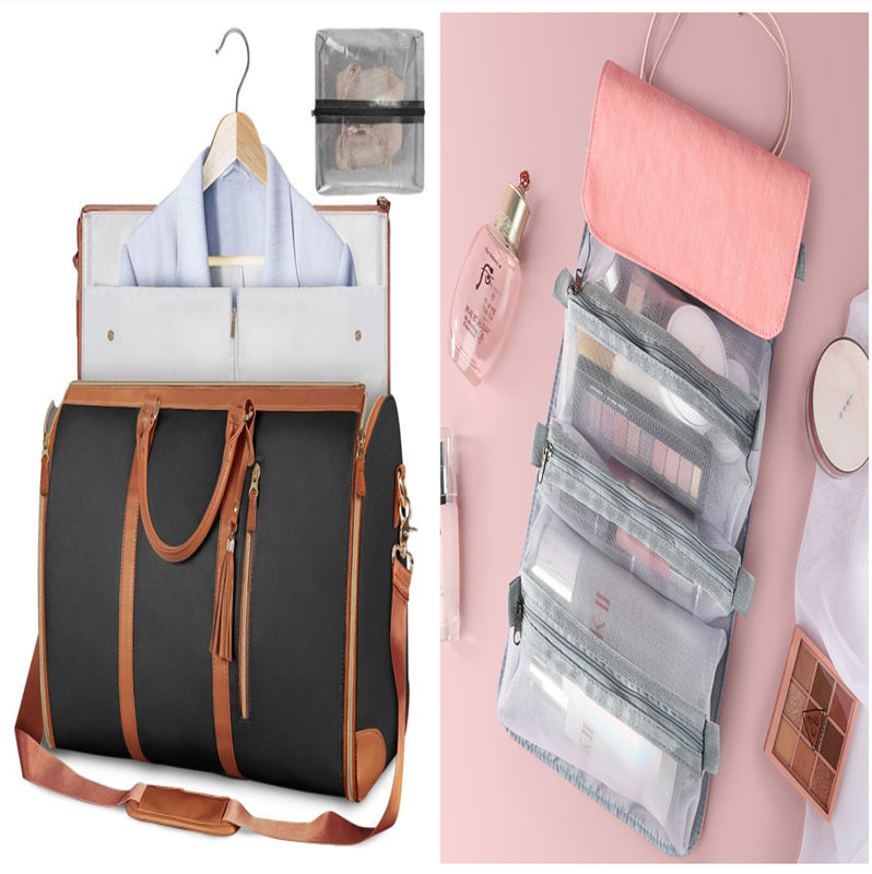 Two-piece travel set: dark duffle bag with hanging organizer and multi-compartment hanging pouch