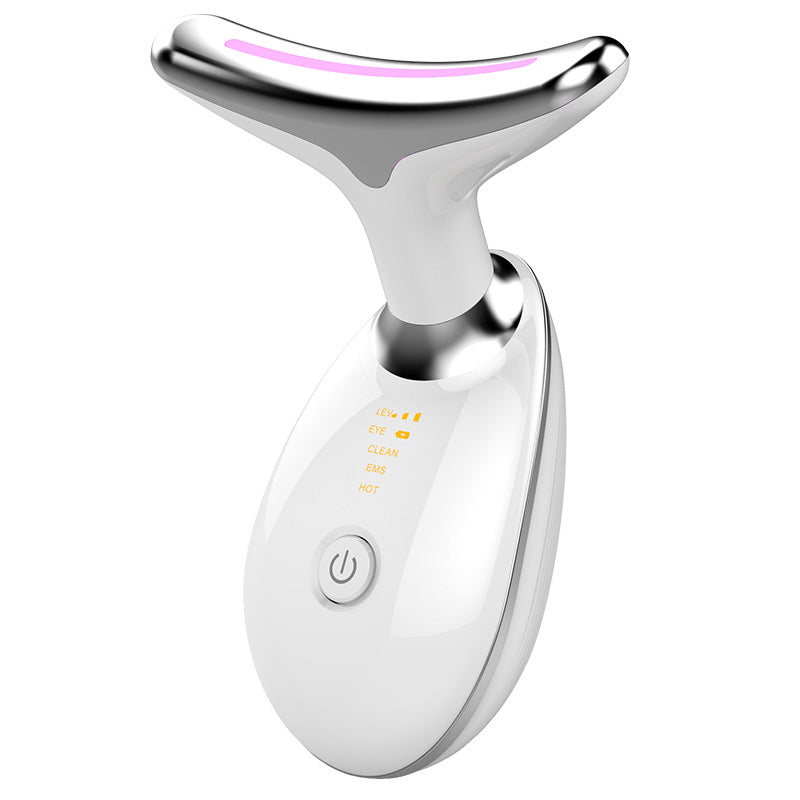 EMS neck wrinkle massager, white body with pink LED strip and power button