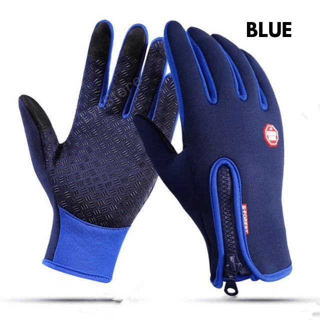 Winter riding gloves, blue with textured touchscreen palm and adjustable cuff zipper.
