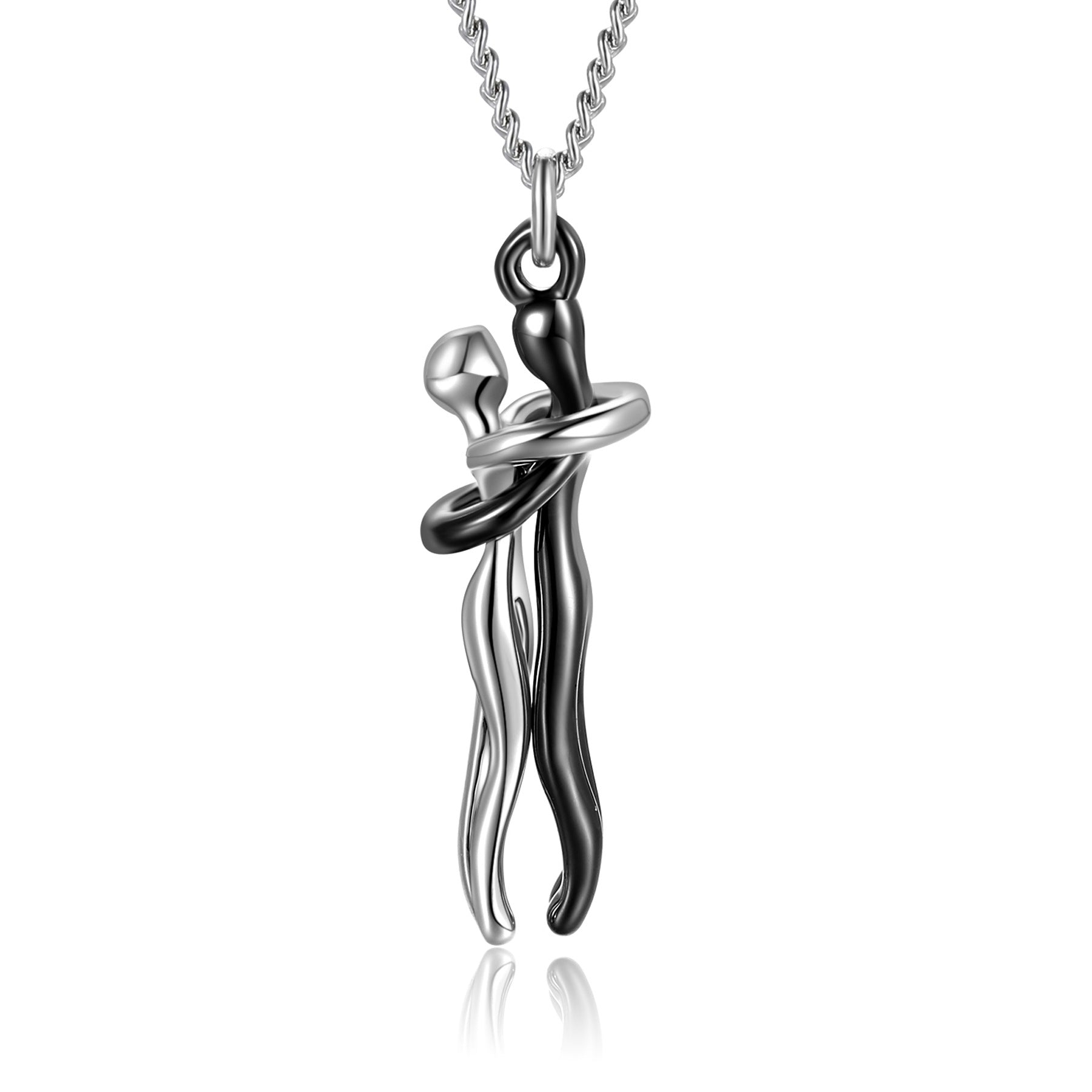 Love hug pendant necklace with black and silver hugging hands on a chain