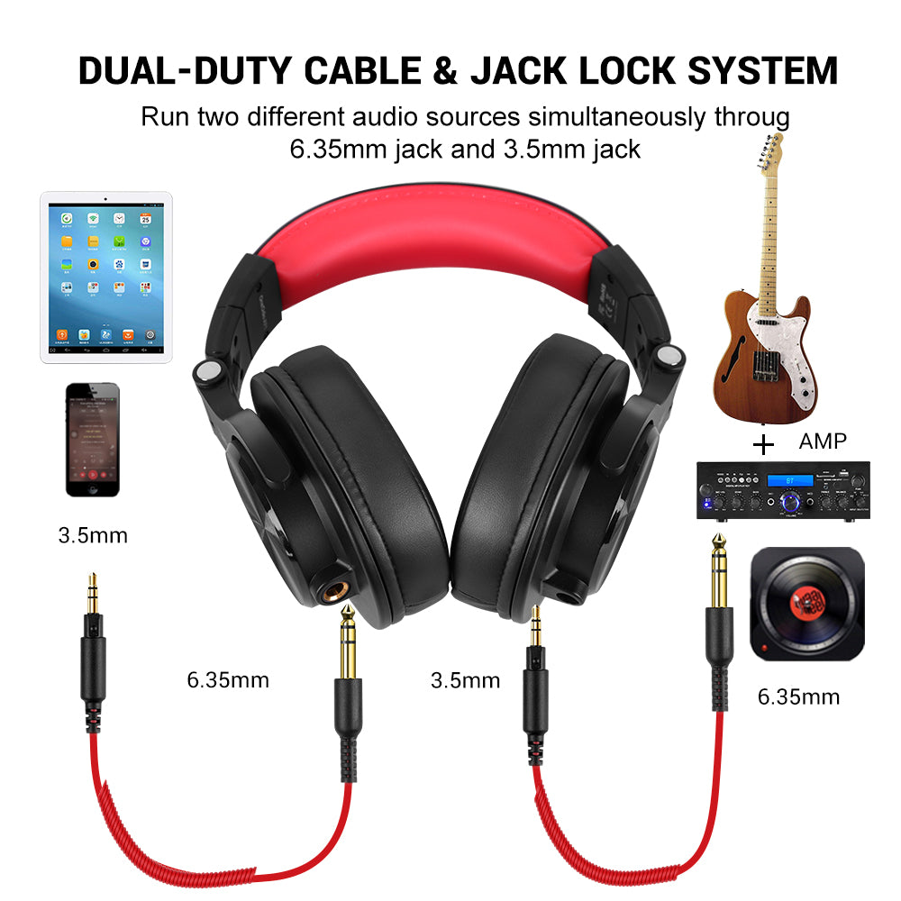 Black over-ear headphones with red headband and dual 6.35mm/3.5mm cables