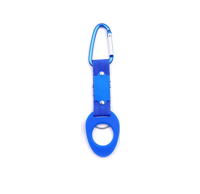 Sports water bottle hanging buckle strap with blue loop and metal carabiner clip