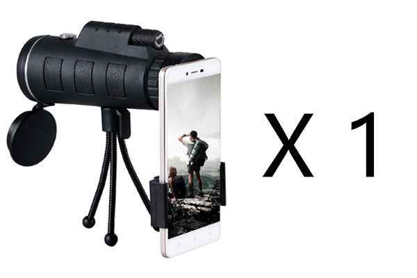 Monocular telescope with phone clip on tripod, compact black scope and lens cap