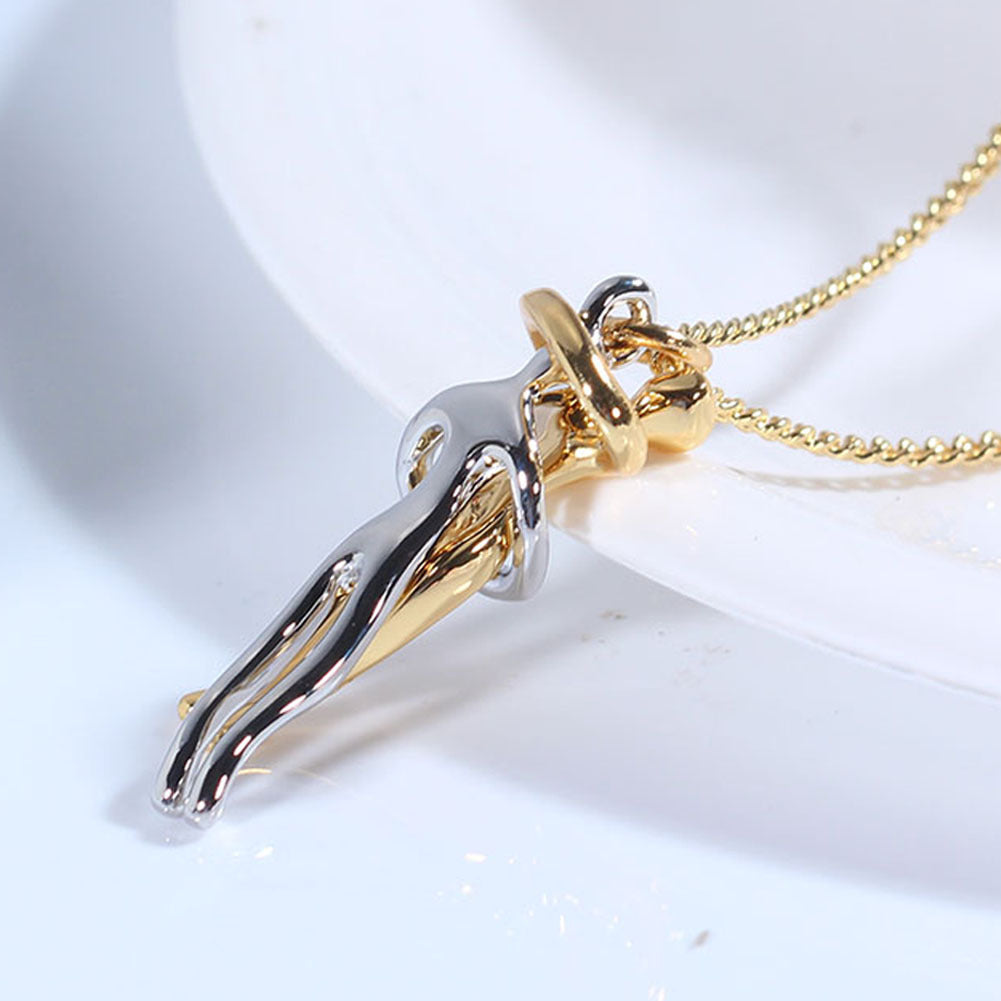 Love hug necklace with gold chain and gold-and-silver hugging couple pendant