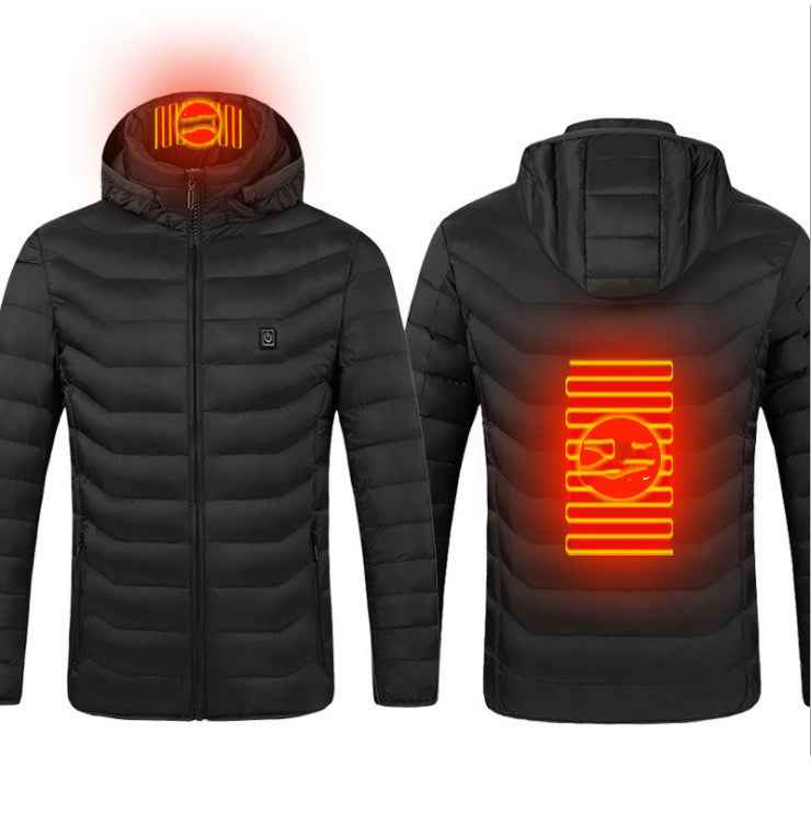 Black hooded zip-up heated jacket with orange glow heating panel on the back and sleeve.