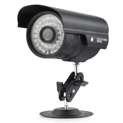 Outdoor surveillance security camera with black housing, IR LED ring, adjustable stand mount