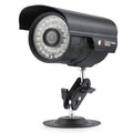 Outdoor surveillance security camera with black cylindrical body, IR LED ring, bracket mount