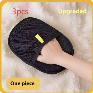 Pet hair remover glove, black textured mitt with wrist opening, 3-piece set