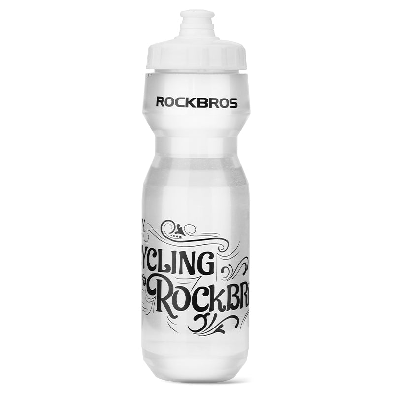 White cycling water bottle with ROCKBROS logo and cap, centered view