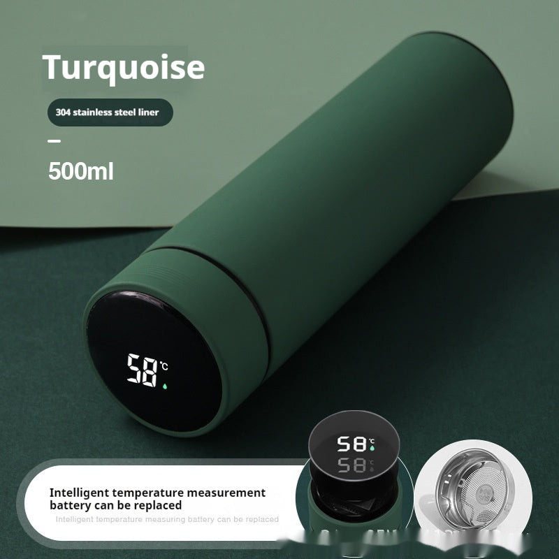 Turquoise insulated bottle with smart temperature display on the black end cap