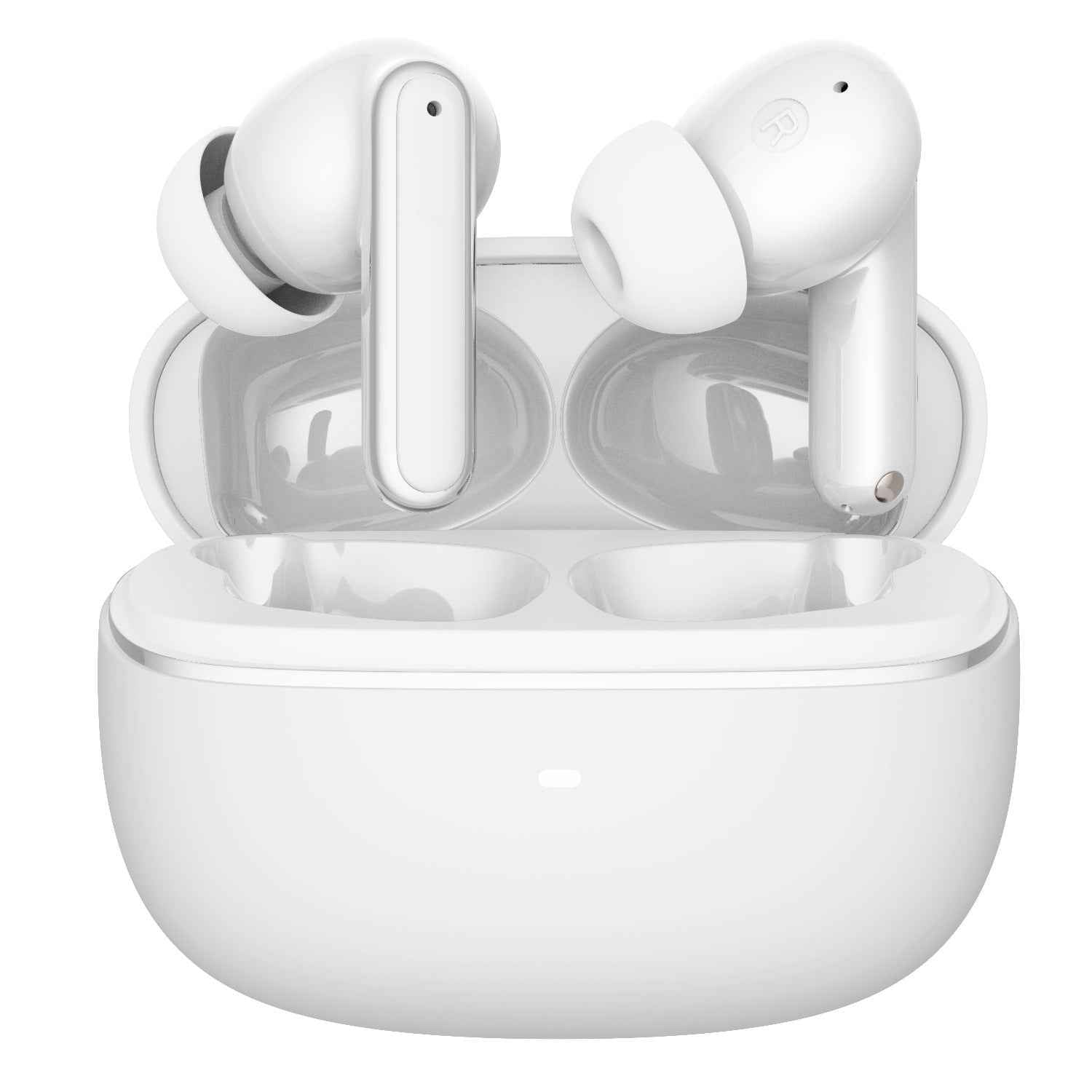White wireless Bluetooth in-ear headphones with charging case, two earbuds