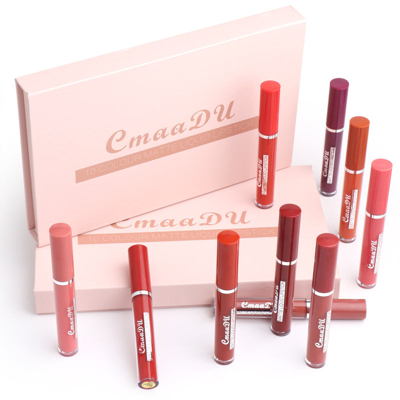 Matte waterproof lipstick set with upright tubes next to pale pink gift box