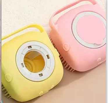 Pink and yellow silicone pet bath brushes with circular lids and bristles