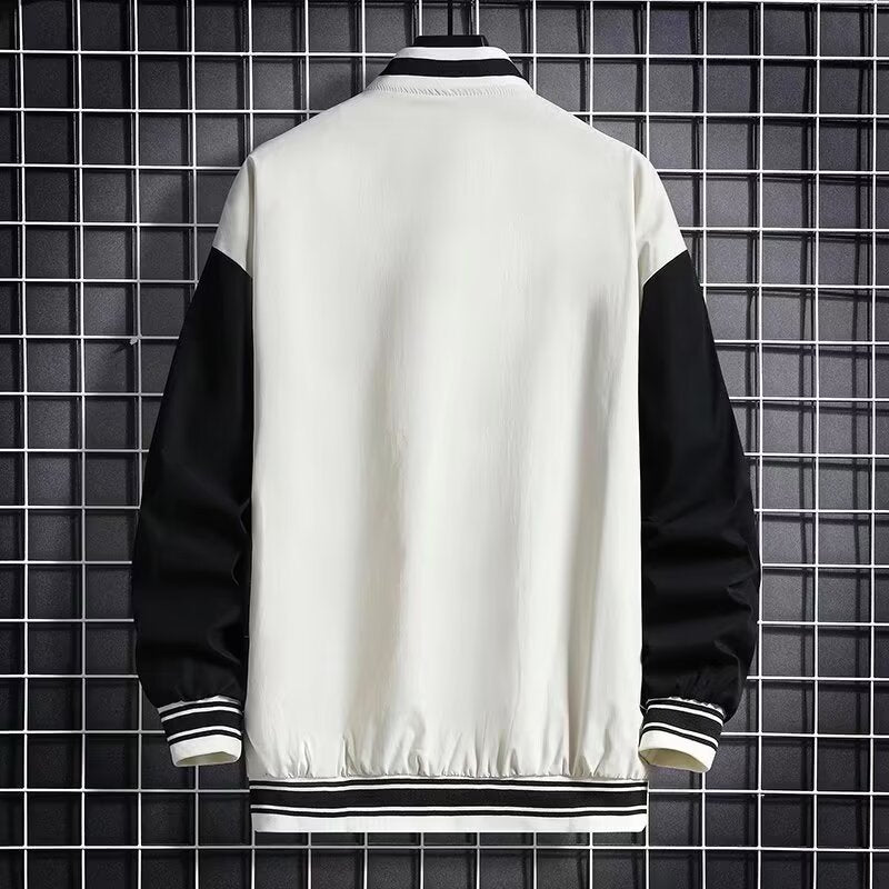 Men's beige baseball jacket back view with ribbed hem and striped cuffs
