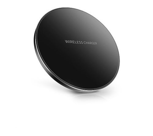 Black wireless charger pad, round design with subtle edge trim