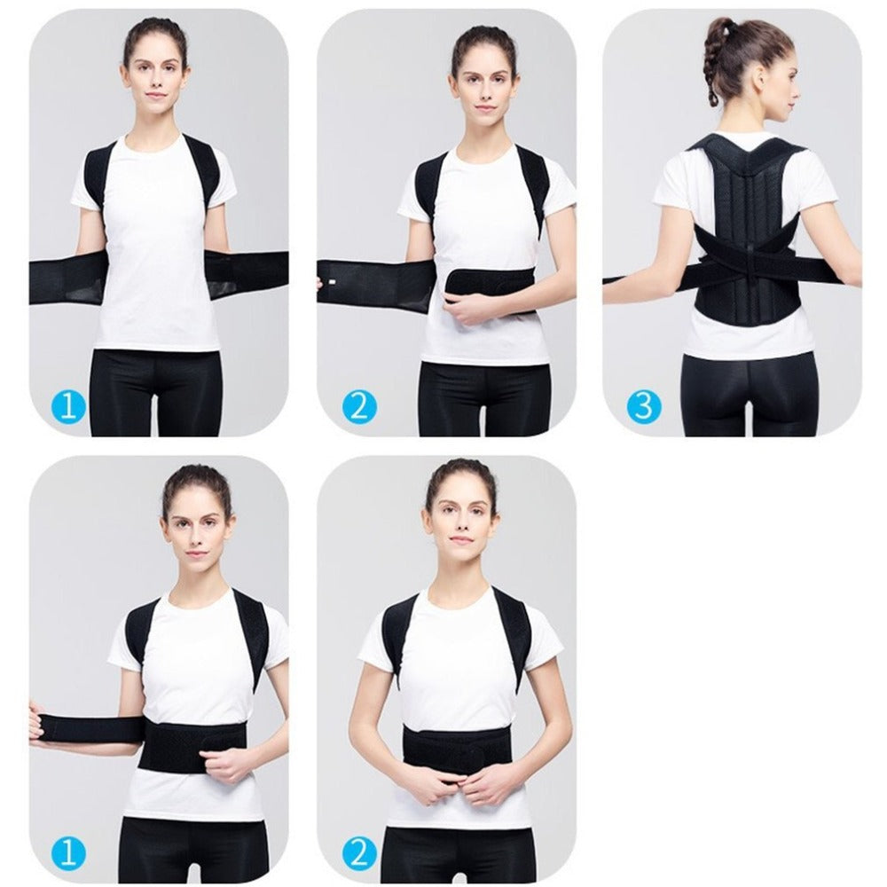 Black posture corrector vest worn by model from front and side views