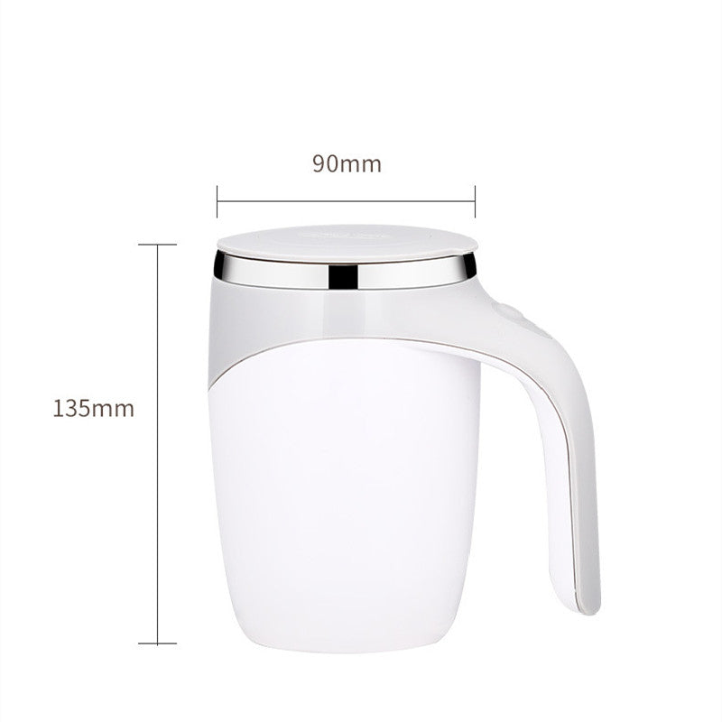 White electric stirring cup with handle and lid, front view with size dimensions