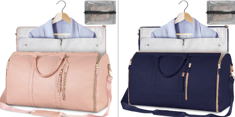 Pair of travel duffle bags: pink and navy, open garment organizers, hanging shirts, shoulder straps