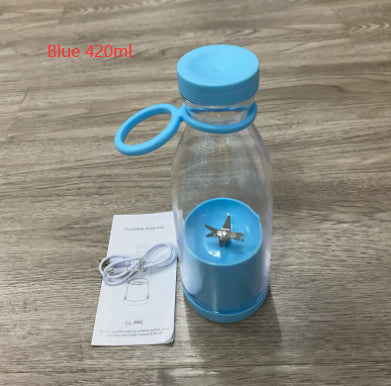 Blue portable electric juicer blender bottle with handle lid and brush accessory