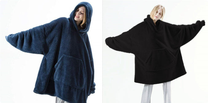 Fleece hoodie sweatshirt in navy blue and black, hooded with large front pocket