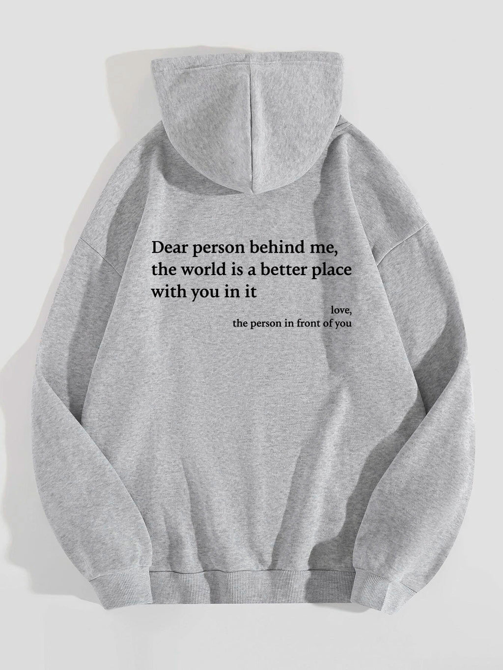 Heather grey plush letter-print kangaroo-pocket hoodie, back view with hood