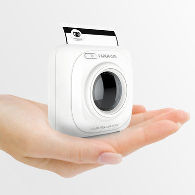 Mini mobile thermal photo printer in white, front lens and paper slot