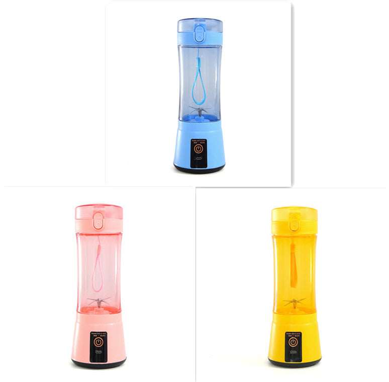 Portable electric fruit juicer blender with blue, pink, and yellow translucent cups, black bases