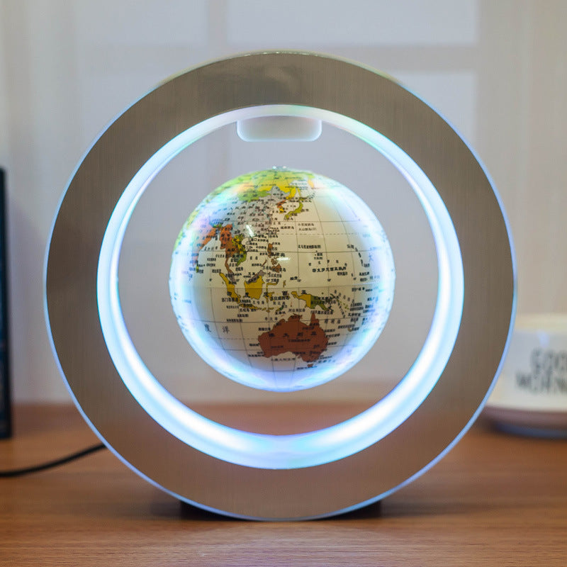 LED floating world map globe on circular base with white glowing ring light