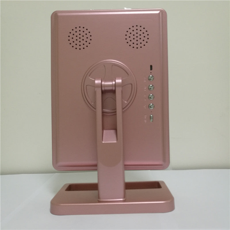 Touch-screen makeup mirror stand, rose gold back panel and control dots