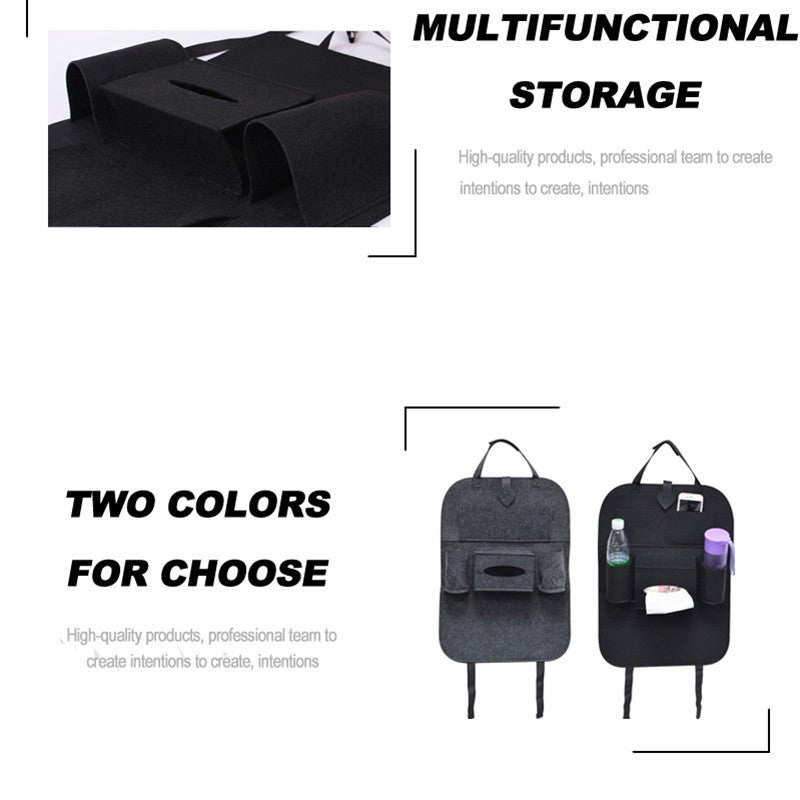 Black seat organizer bag with front storage pockets and hanging loops