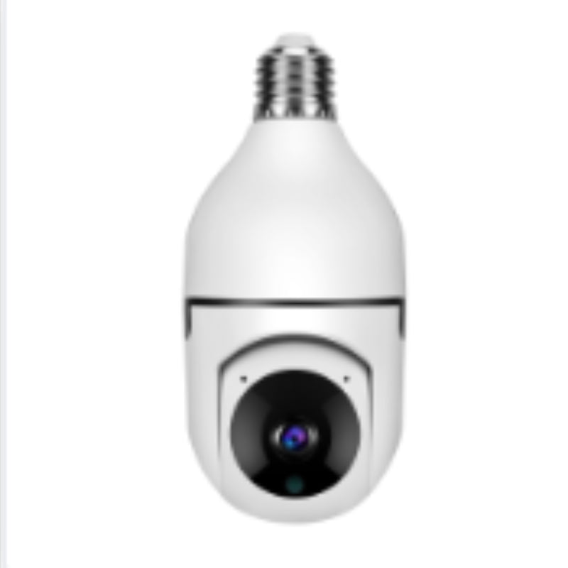 WiFi security camera bulb close-up with front lens window and silver E27 threads