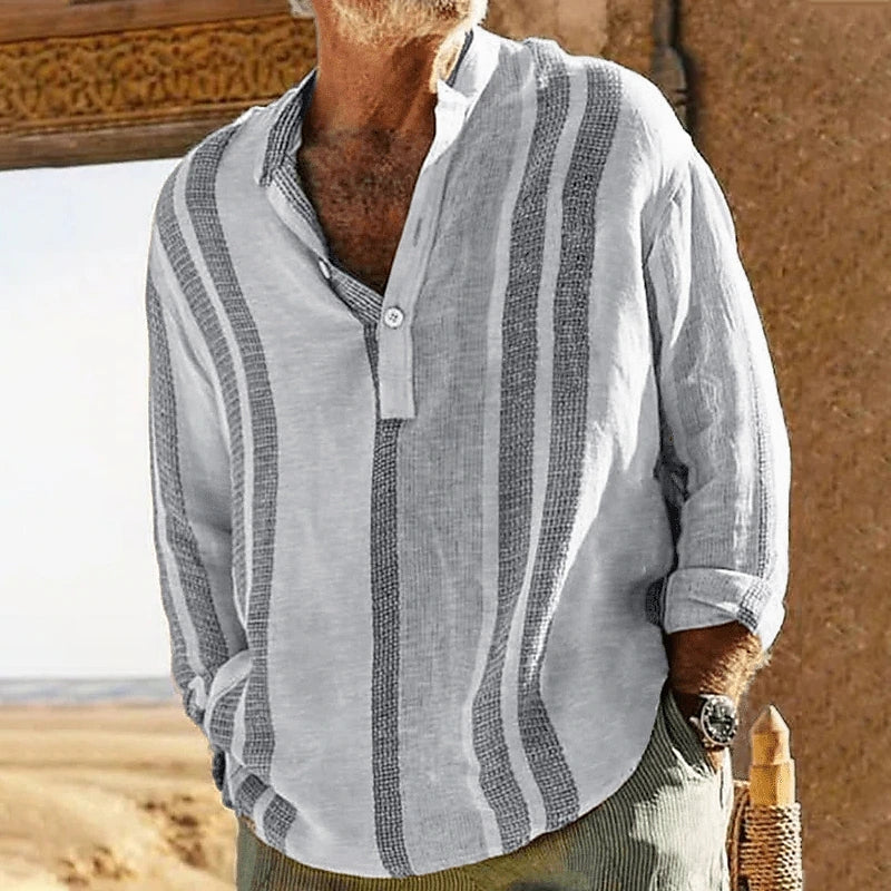 Men's striped stand-collar slub linen casual shirt in light gray with dark vertical stripes