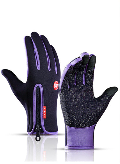 Pair of winter riding gloves in black and purple, textured palms, zipped wrist cuff