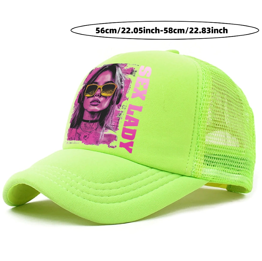 Neon green mesh baseball cap with front photo graphic on crown