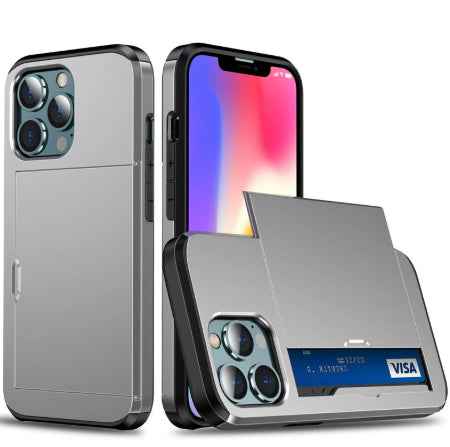 Mobile phone card case in silver with front flip open, card pocket with Visa card