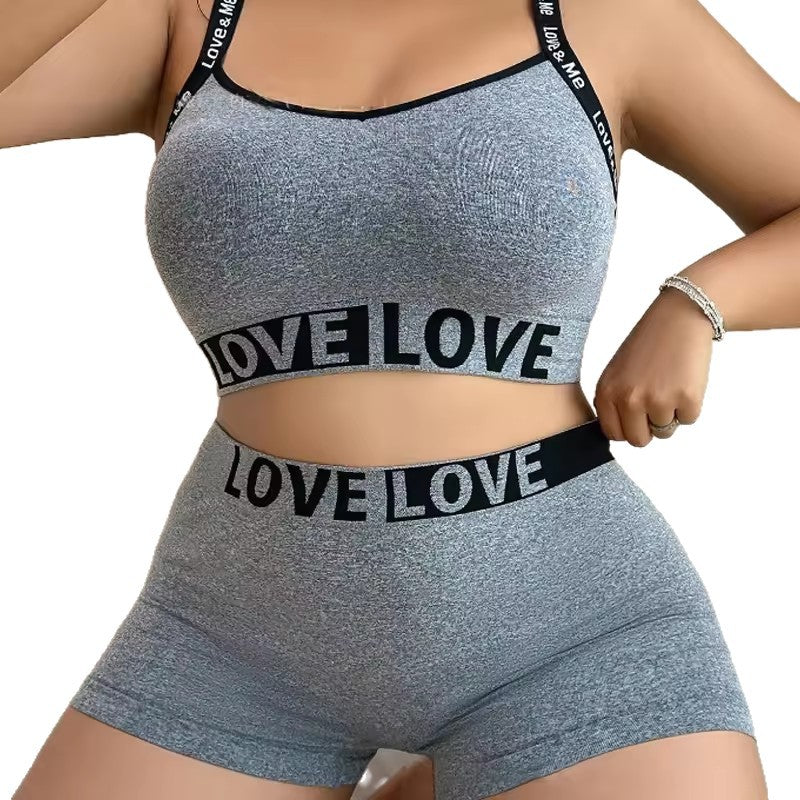 Camisole bra set in gray with LOVE LOVE letter waistband and fitted shorts