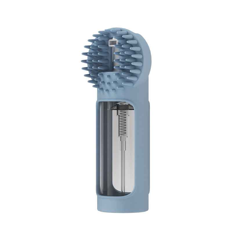 Pet bath brush with blue silicone bristle head and inner spring dispensing mechanism