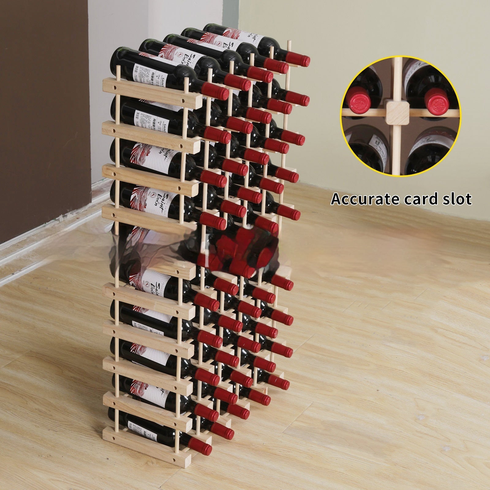 Wood wine rack with bottle slots and built-in card slot