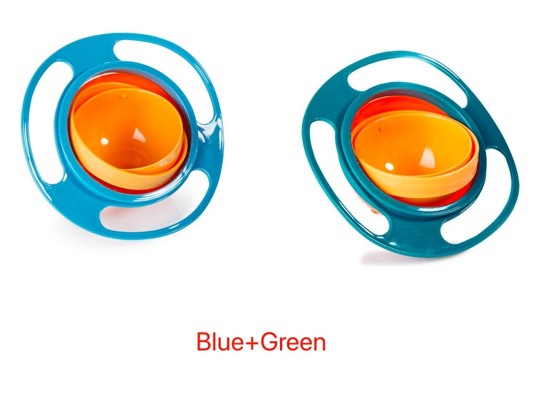 Two blue-green rotating spill-proof bowl dishes with orange inner bowls.