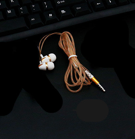 Wired in-ear headphones with white earbuds and brown braided cable with 3.5mm plug