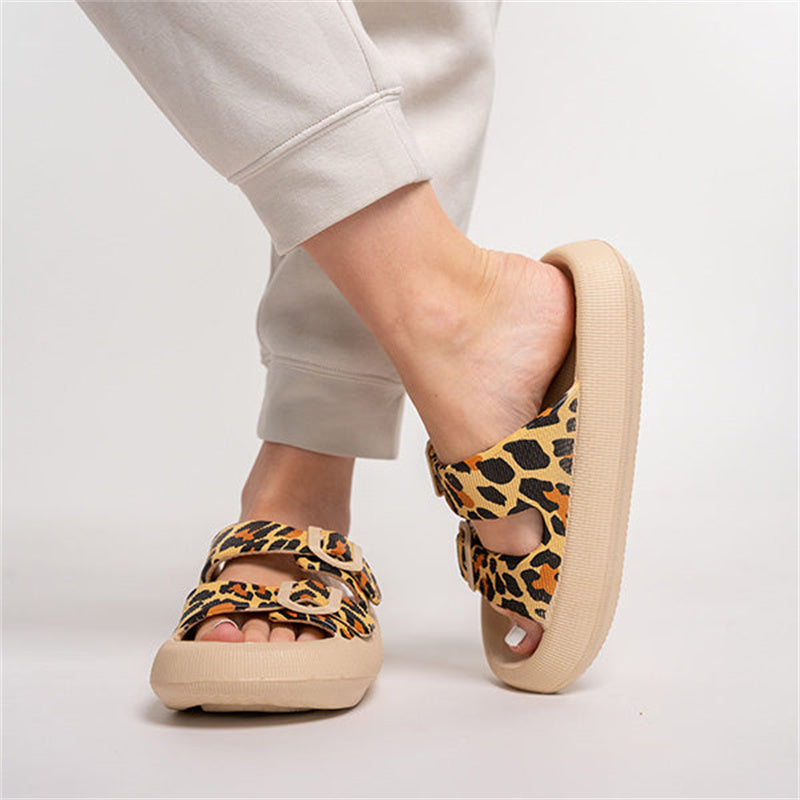 Leopard print thick-soled EVA sandals with two hook-and-loop buckle straps, tan sole