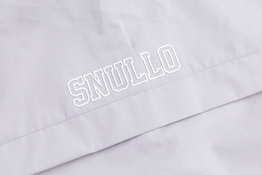 Assault suit jacket chest logo on white fabric, SNULLO lettering