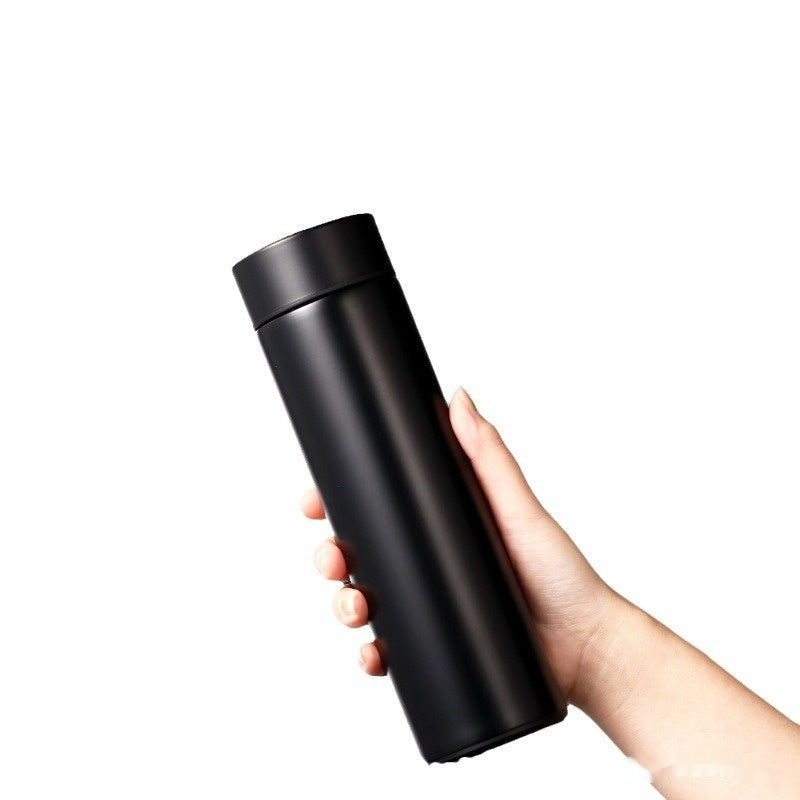 Smart temperature display insulated bottle, matte black, slim cylindrical design for carrying