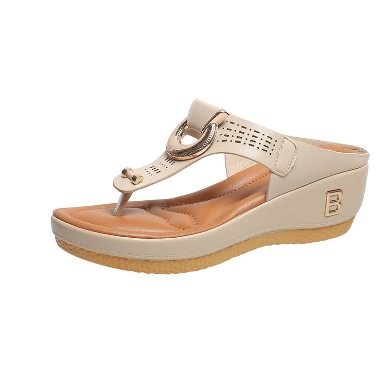 Women’s flower wedge platform flip flops in beige with perforated strap and ring buckle
