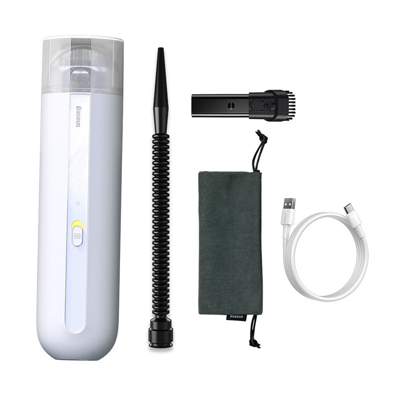 Wireless handheld vacuum cleaner set, white cylinder unit with nozzle, hose, and charging cable