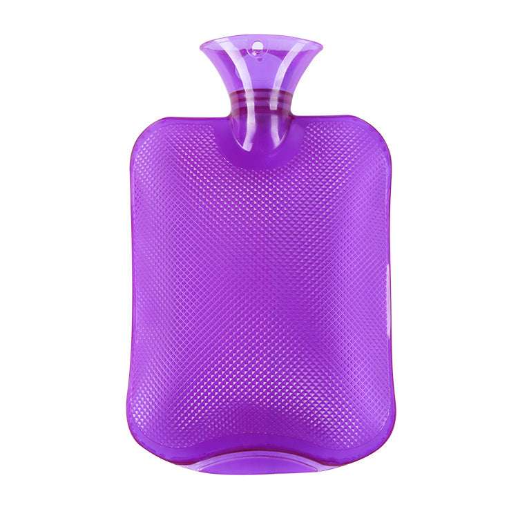Purple hot water bottle with textured grip surface and neck stopper